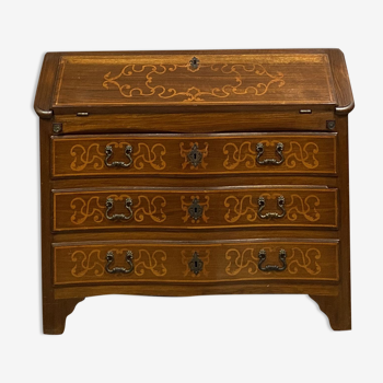 Commode scriban louis XV curved in marquetry of precious wood around 1900