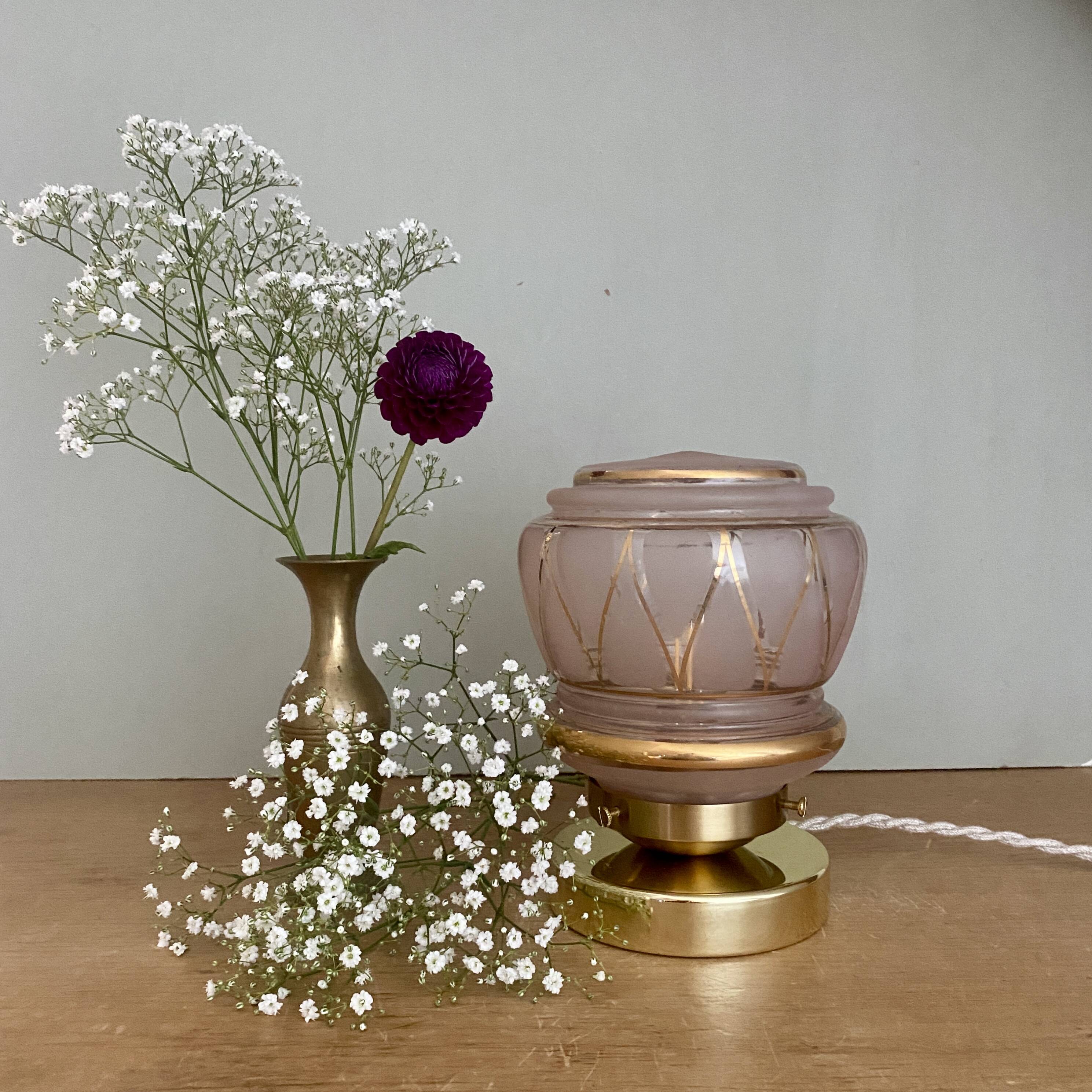 Vintage art deco globe table lamp in pink and gold glass