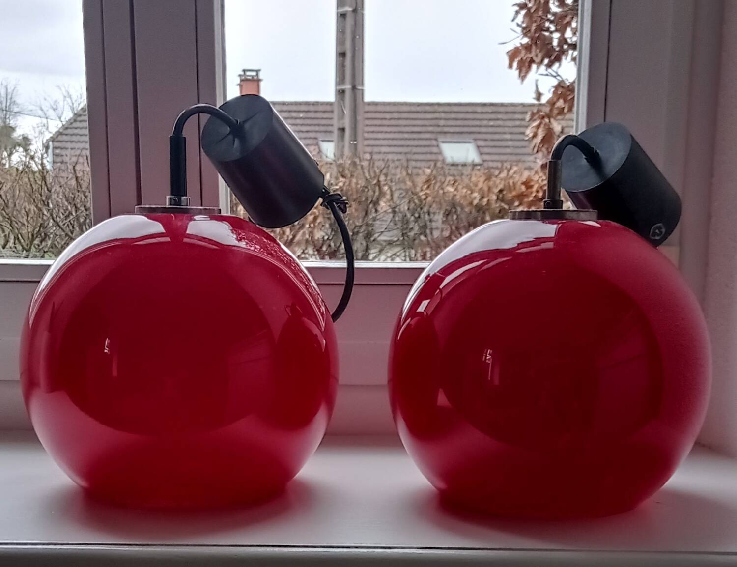 Red opaline glass pendant lamp by Peill&Putzler 1970