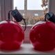 Red opaline glass pendant lamp by Peill&Putzler 1970