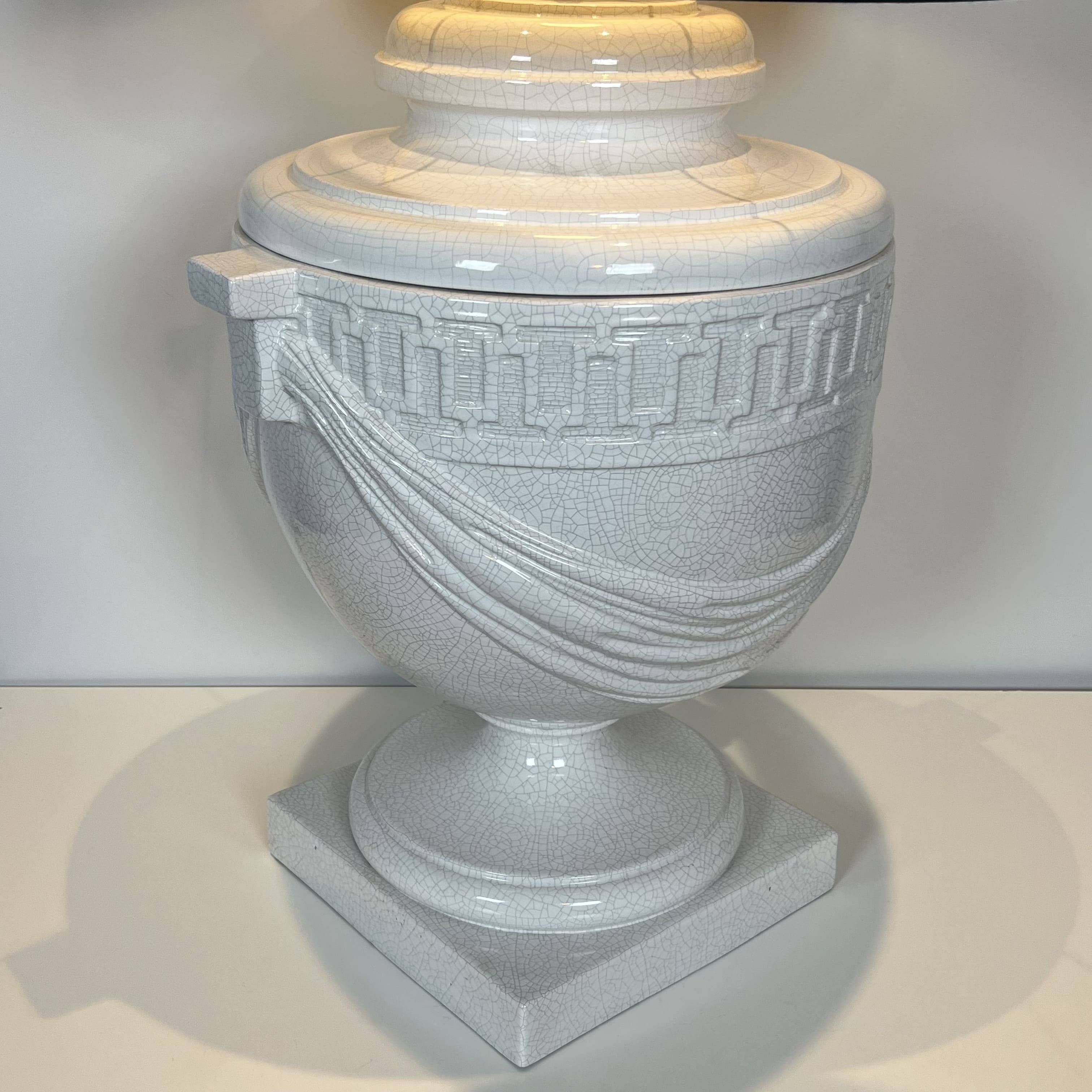 Large White Crackled Ceramic Urn Lamp with Drapery and Greek Frieze.