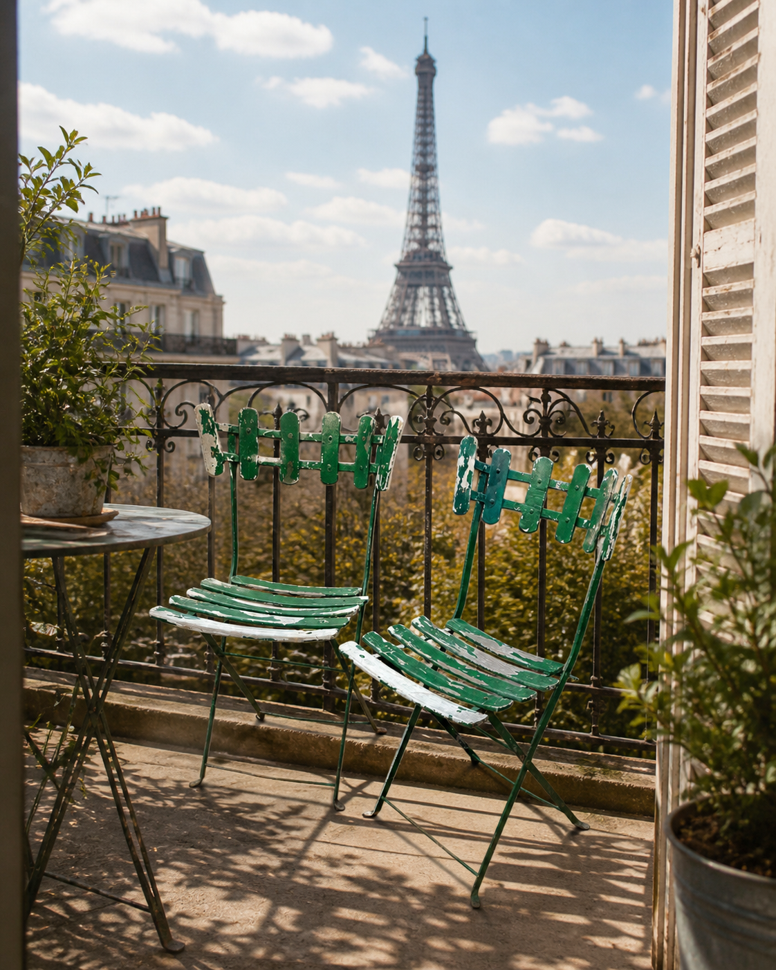 Pair of original patinated folding Parisian bistro chairs.