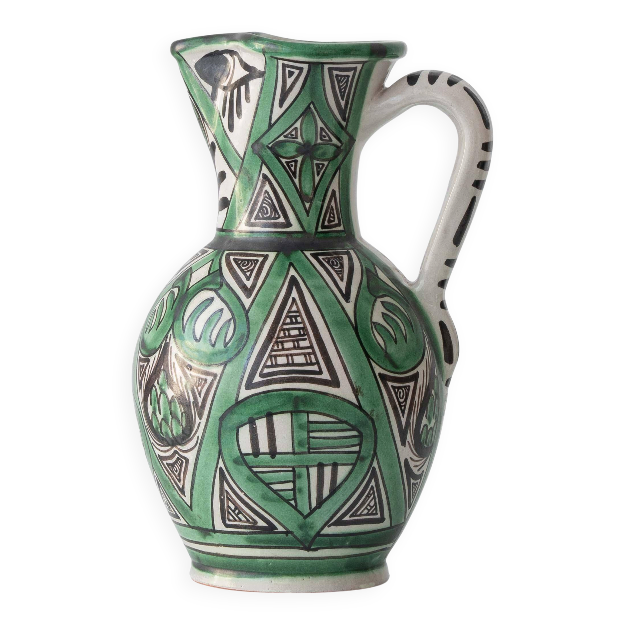 Spanish ceramic pitcher from the mid-century Mudéjar style in green and black, Punter.