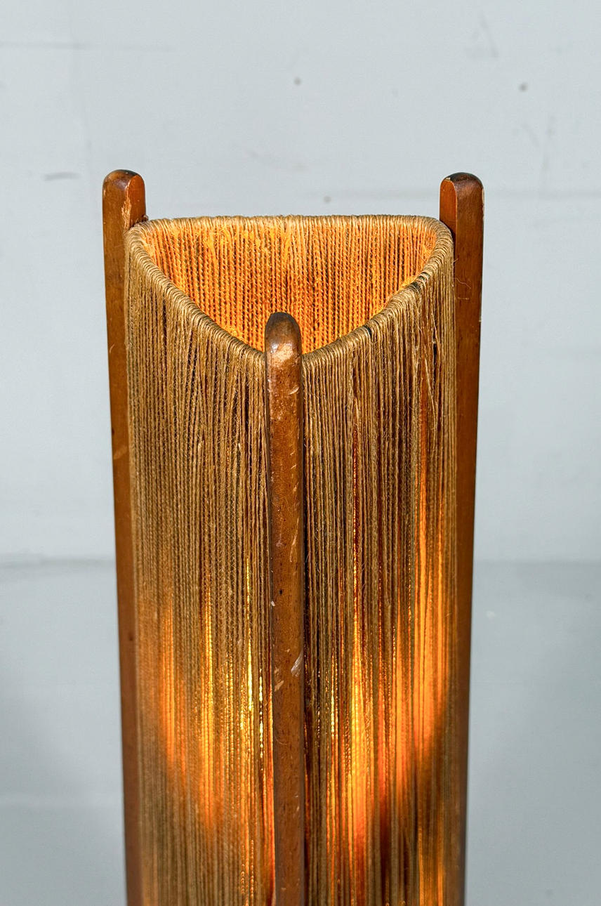 Mid-century floor lamp, sisal/teak wood, Temde, Switzerland, 1960s.