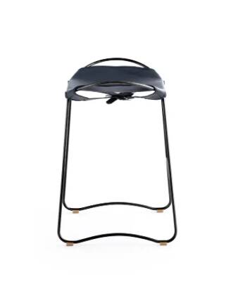 Contemporary sculptural bar stool, smoked black metal and natural tobacco leather.