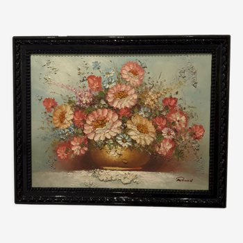 Ancient painting signed romain of a bouquet of flowers in a vase