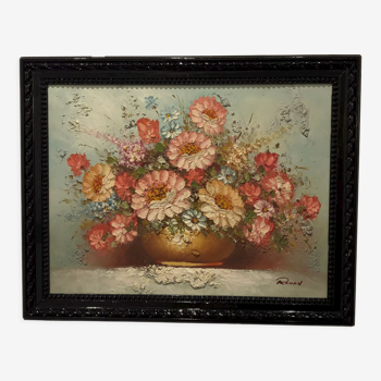 Tableau ancien signé romain d'un bouquet de fleurs dans un vase