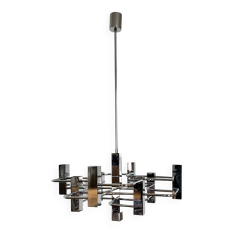 Lustre géométrique Sciolari à neuf lumières en chrome poli des années 1960, fabriqué en Italie