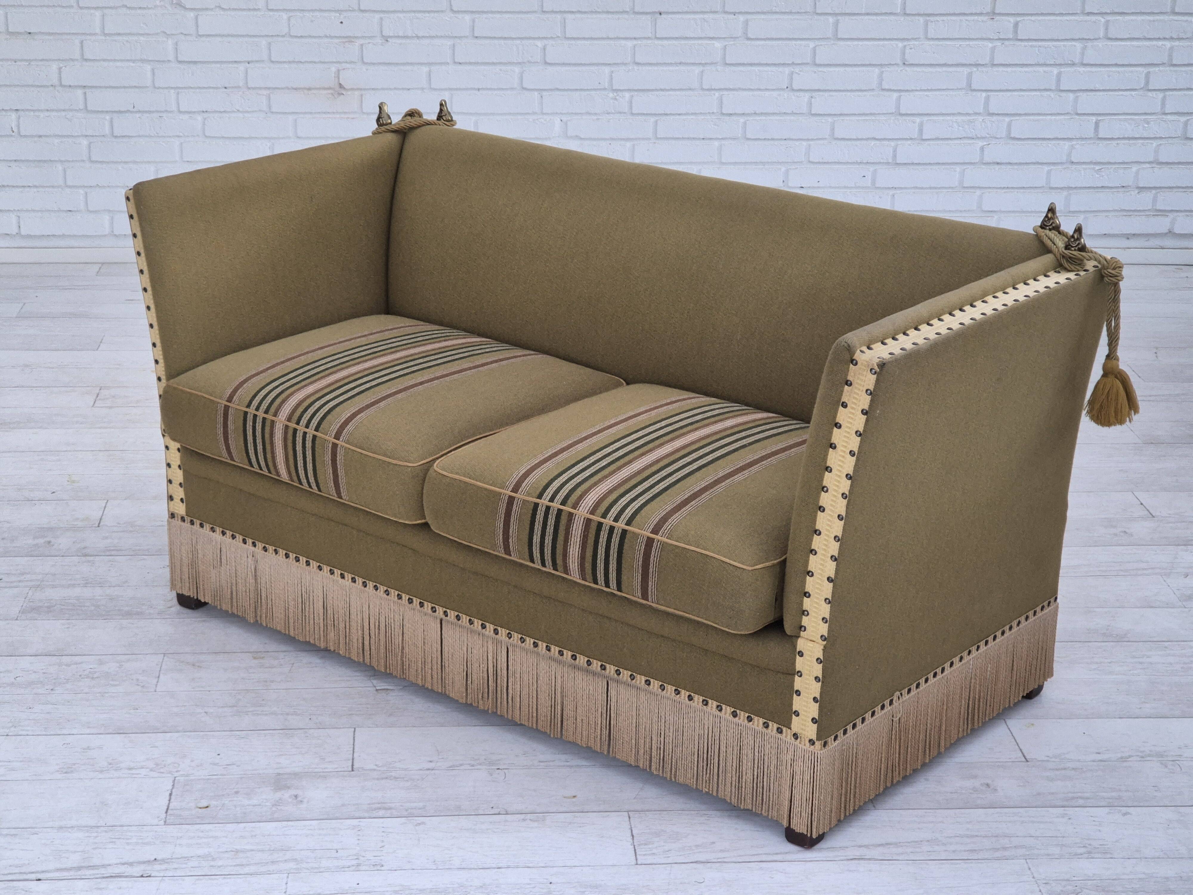 1960s, Danish velour 2 seater drop arm sofa, wool, original condition.