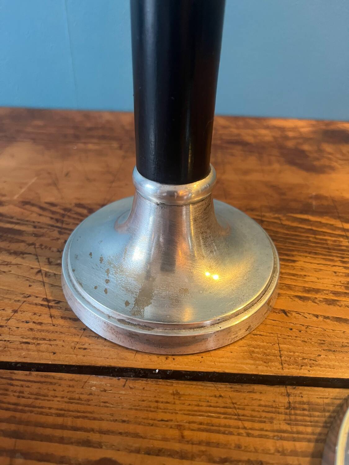 Trio of metal and wood candlesticks from the 80s