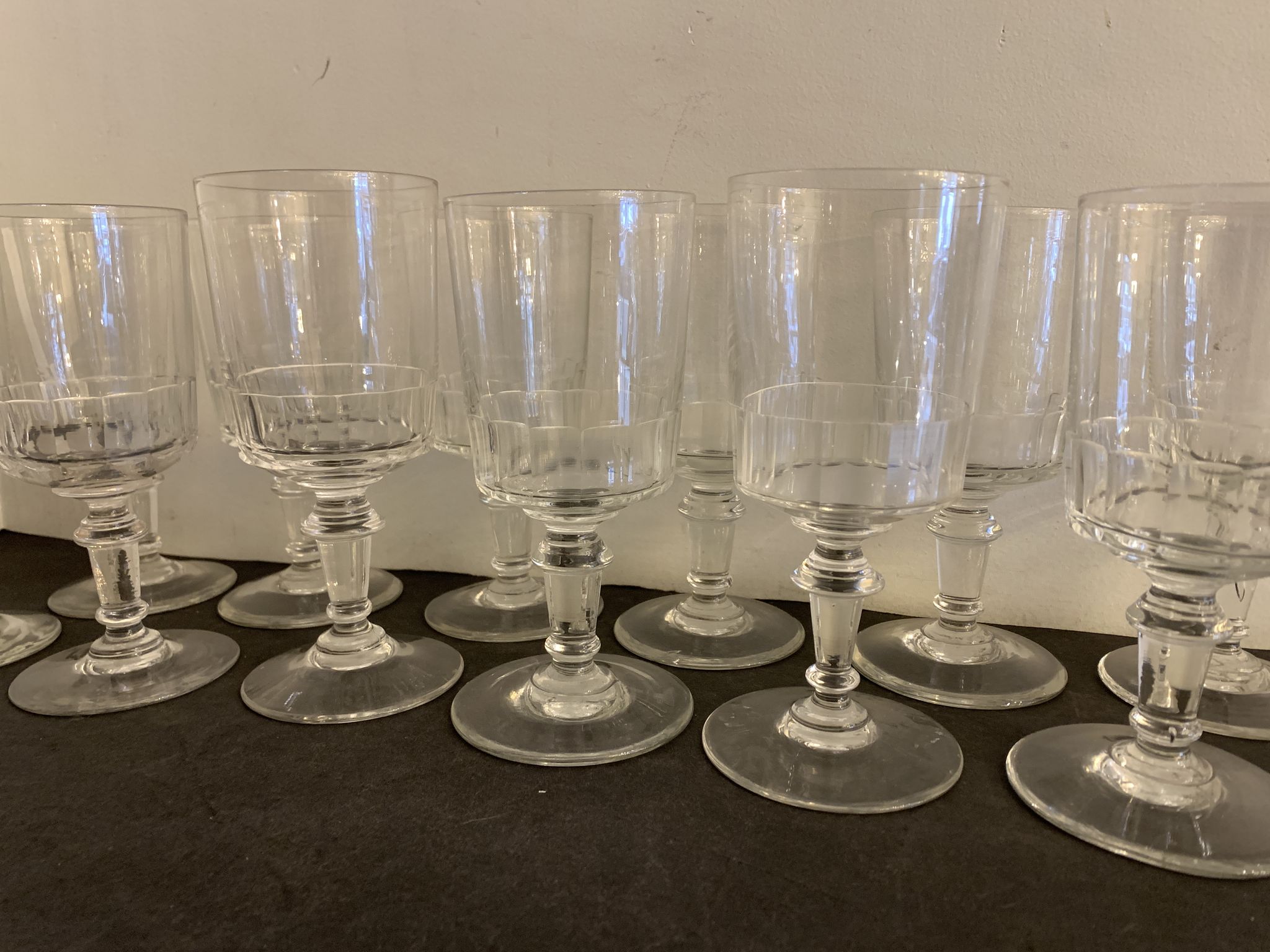 12 antique blown stemmed glasses, Mirabeau model of Baccarat