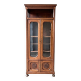 Bibliothèque vitrine ancienne en bois brun – portes vitrées – 180 cm