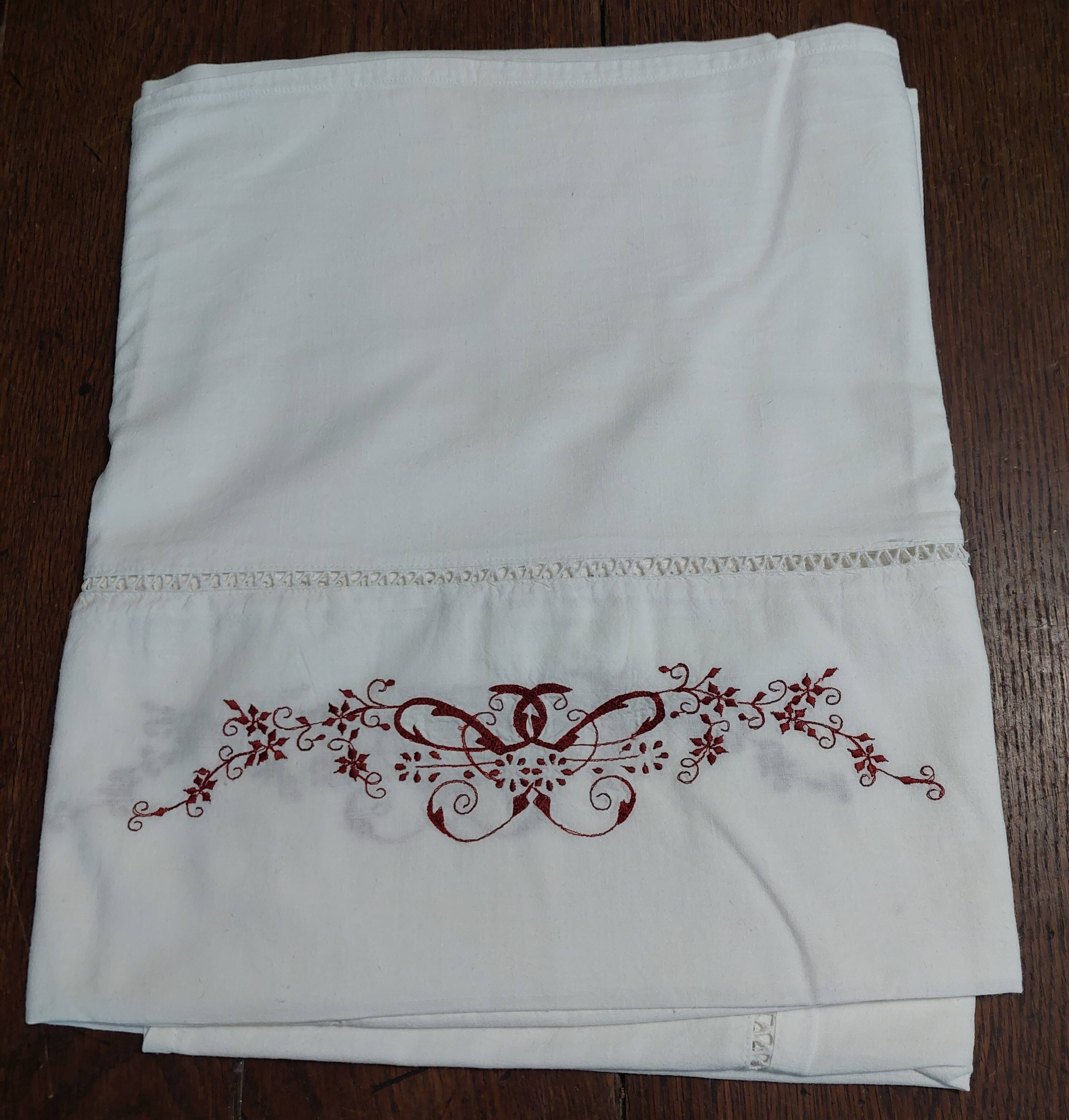 Antique white cotton tablecloth with red embroidery 135 x 145 cm