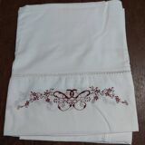 Antique white cotton tablecloth with red embroidery 135 x 145 cm