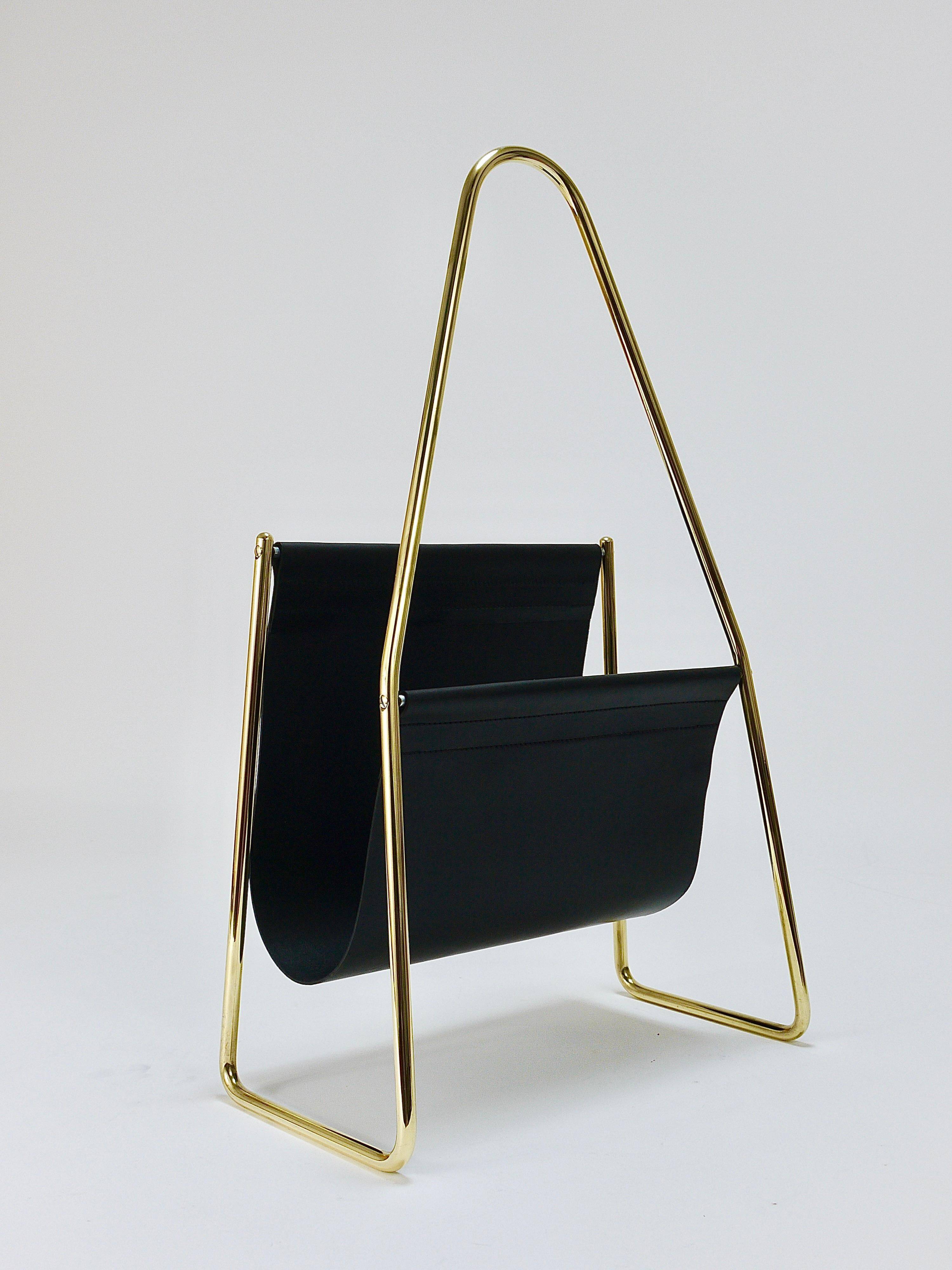 Carl Auböck II Midcentury magazine rack, brass and black leather, vintage, Austria