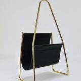 Carl Auböck II Midcentury magazine rack, brass and black leather, vintage, Austria