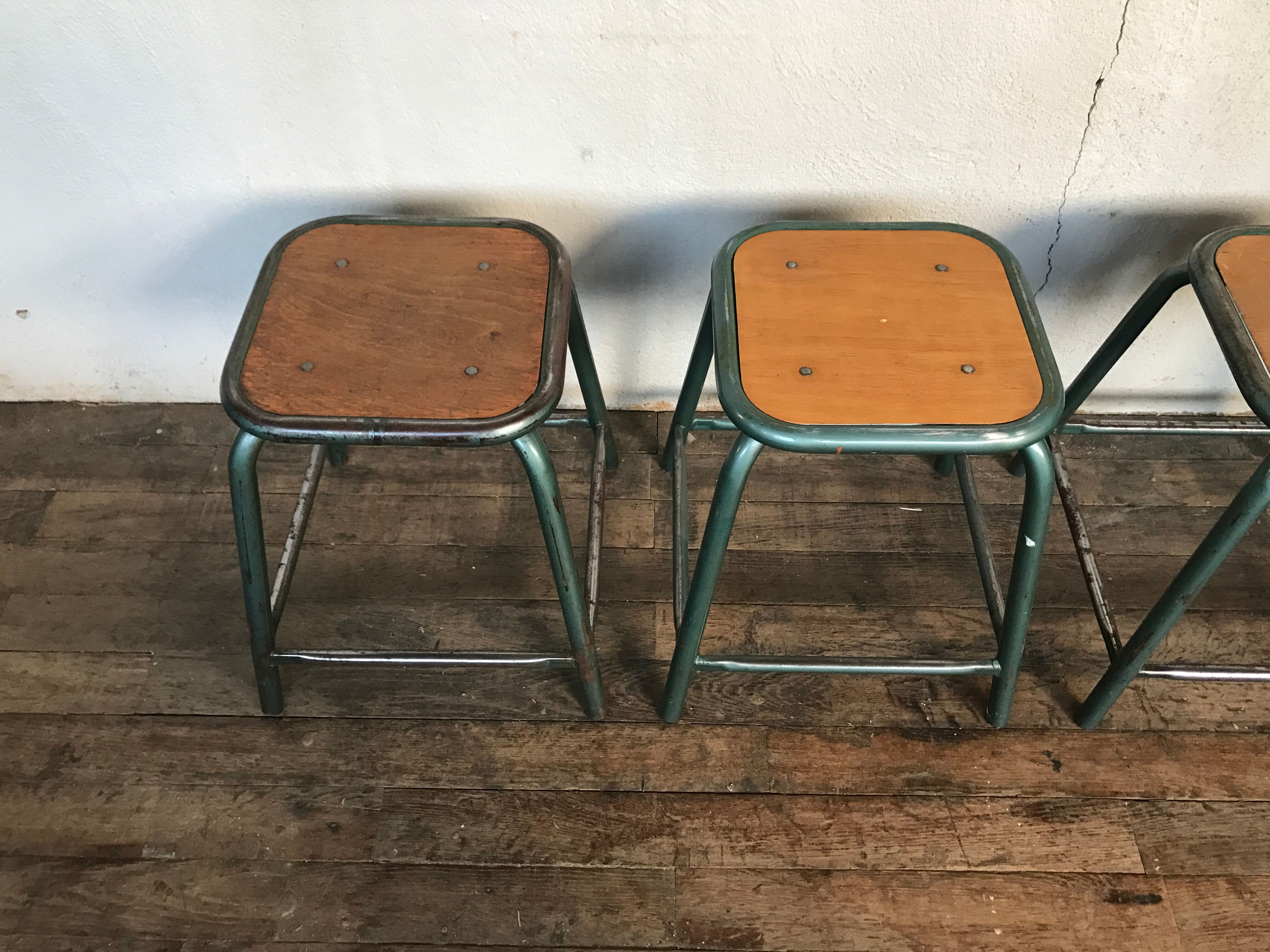 4 vintage green patina effect industrial deco 1950-60 school stools
