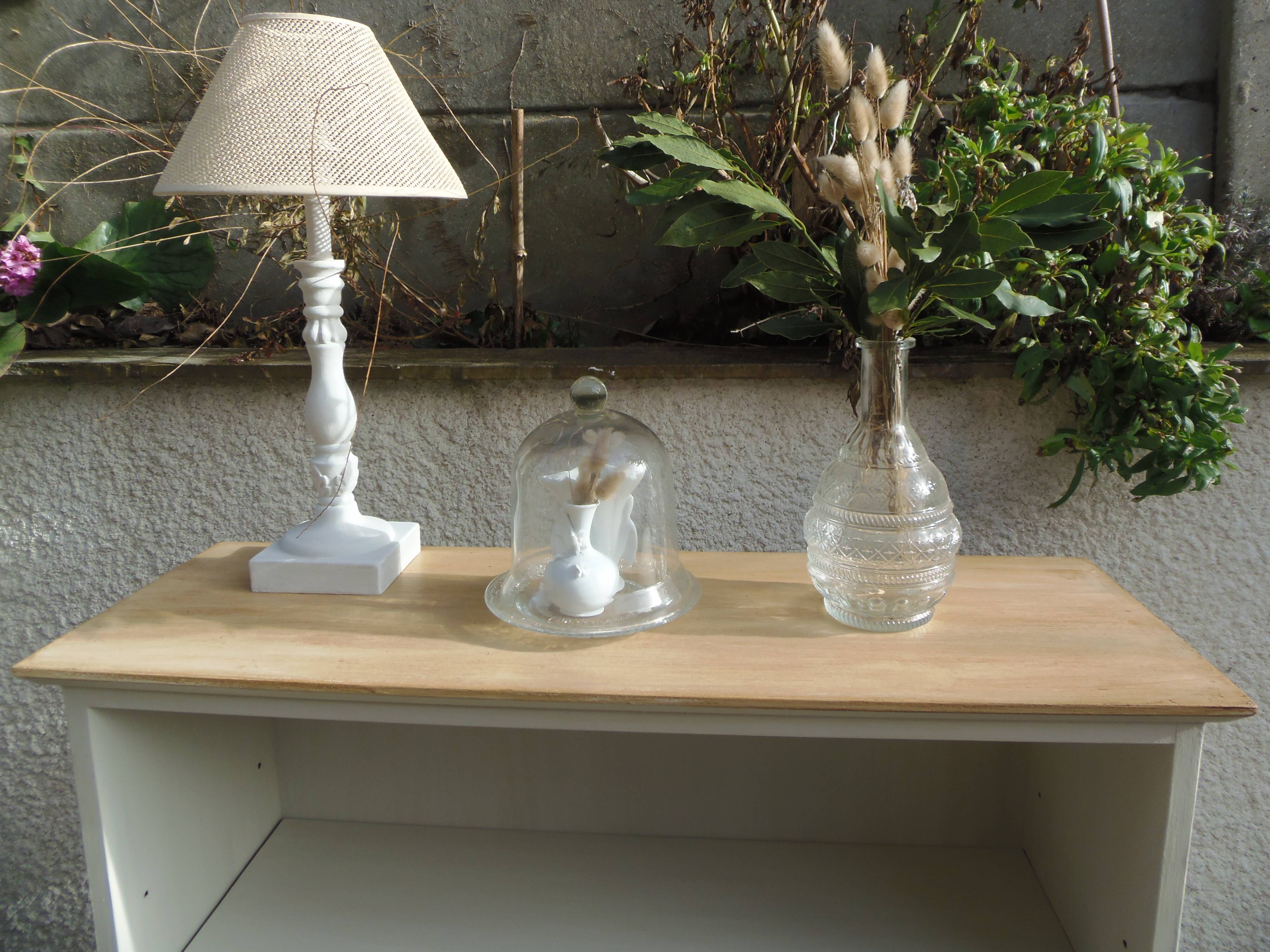 Vintage library enhanced in beige, wooden top.