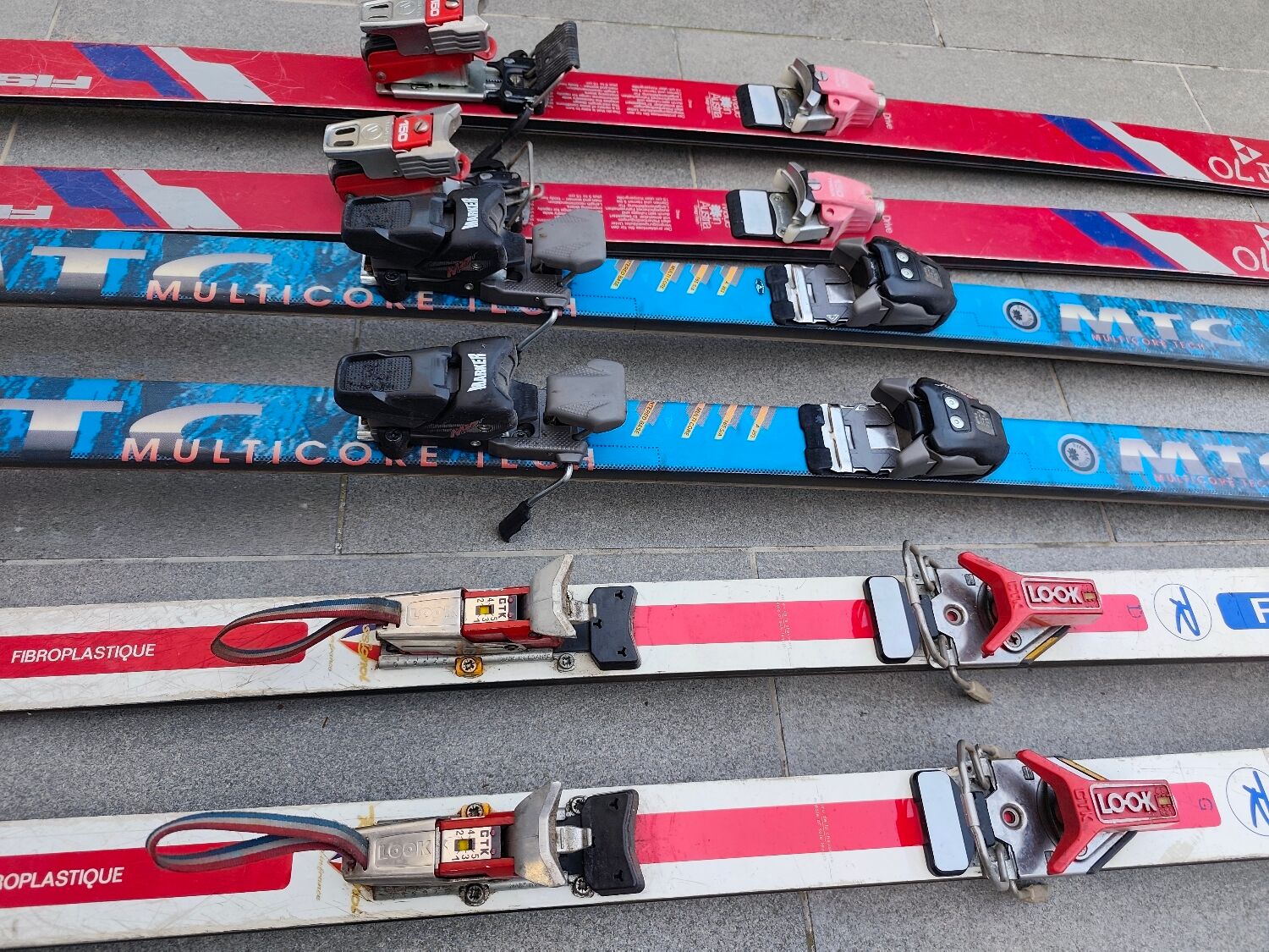 3 pairs of vintage skis: Rossignol Strato, ST 650 & Fischer.