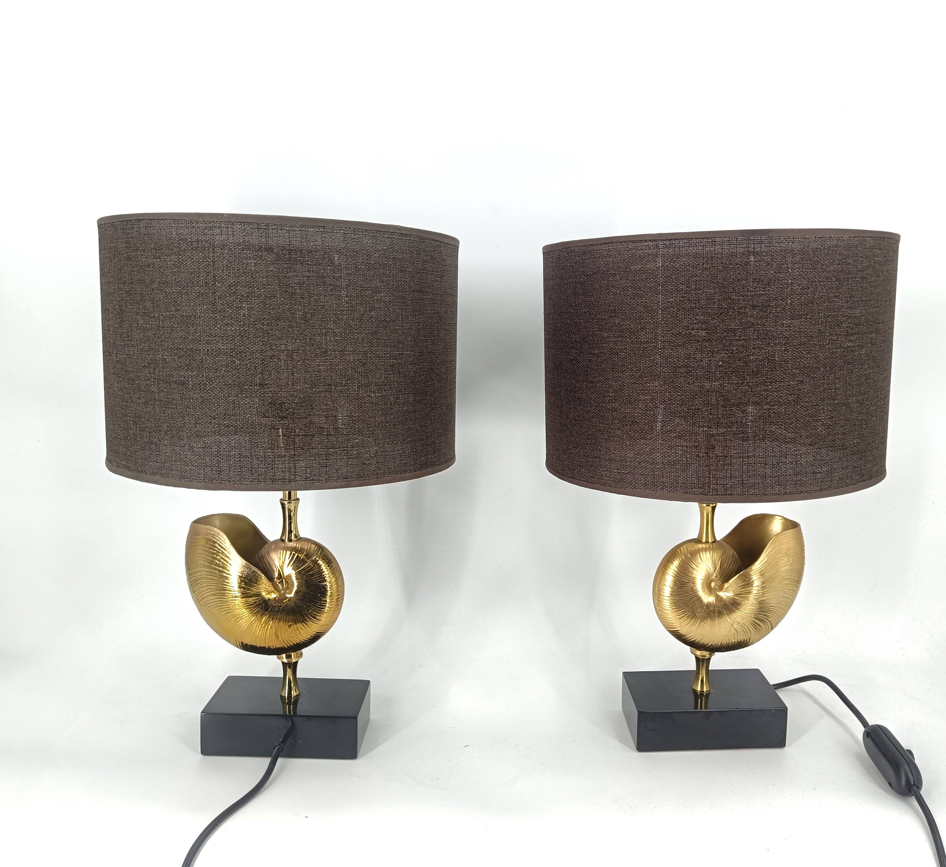 Vintage Brass Nautilus Shell Table Lamps 1970's - France  - set of 2