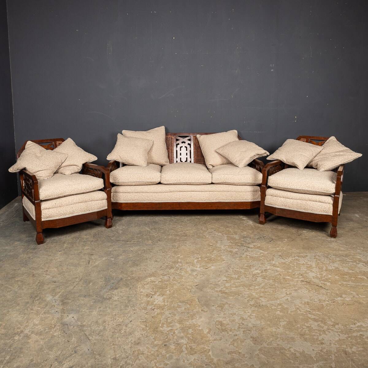 Antique 19thc bergere & dappled walnut suite c.1890
