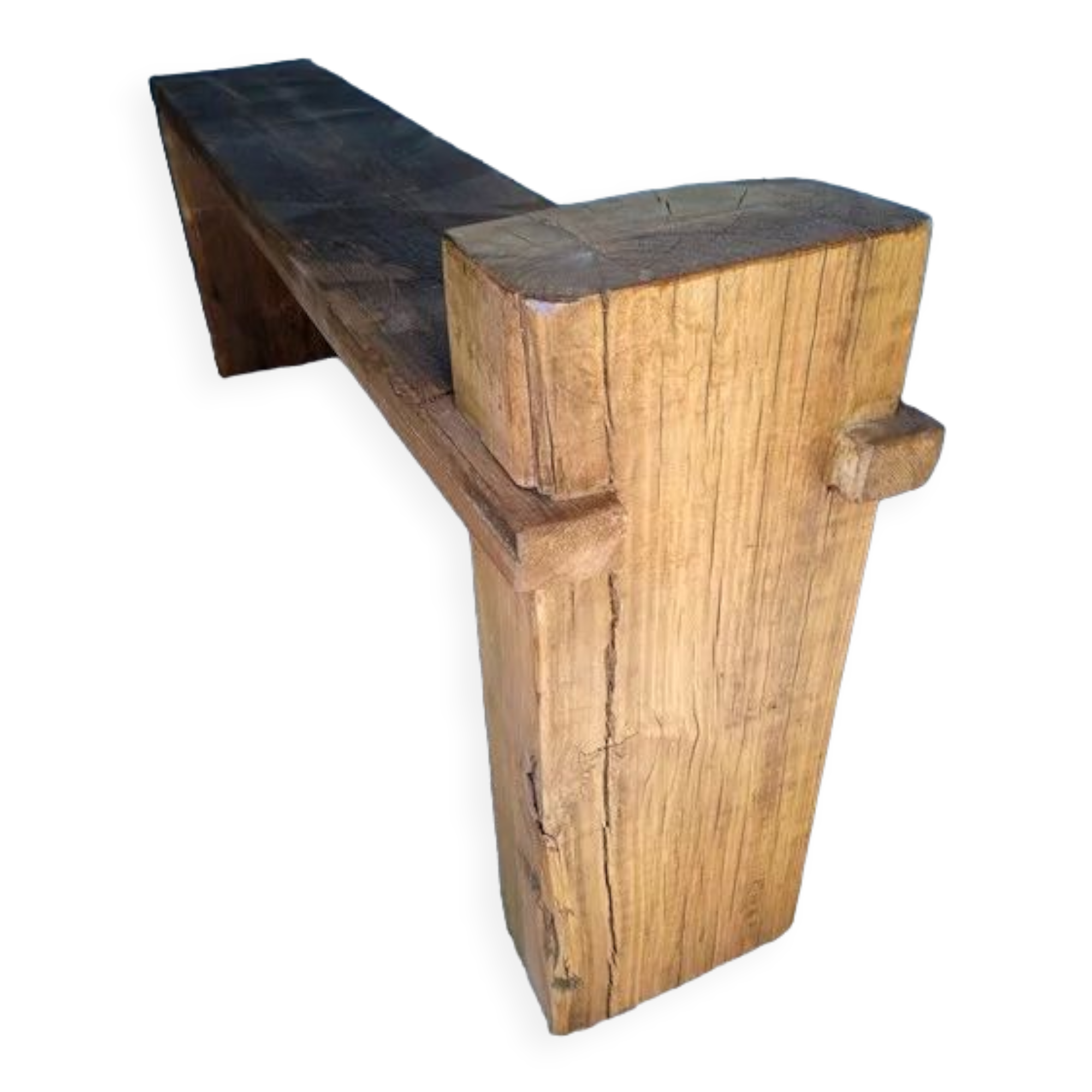 Solid patinated wood design bench 140cm