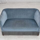 1970s, Danish 2-seater sofa, blue furniture velour, oak wood legs.