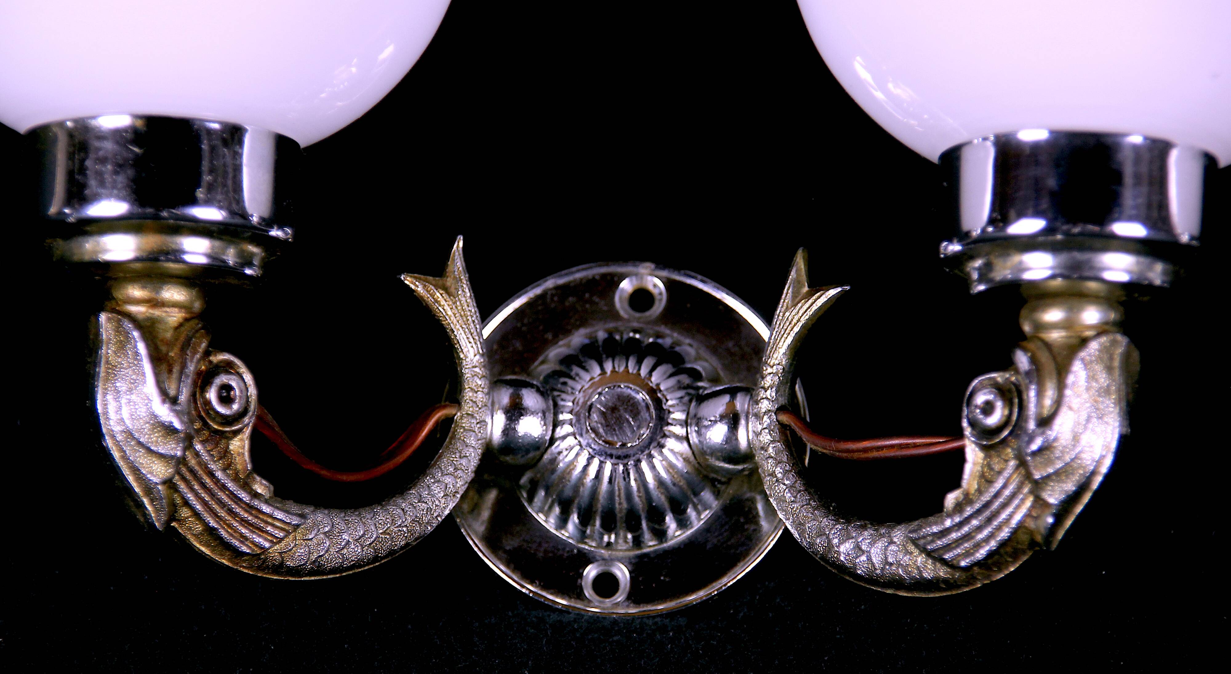 Maison Lancel, White Opaline Silver-Plated Dolphin Sconces, Mid-Century, France