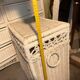 White rattan bedroom set: chest of drawers, mirror, bed, basket