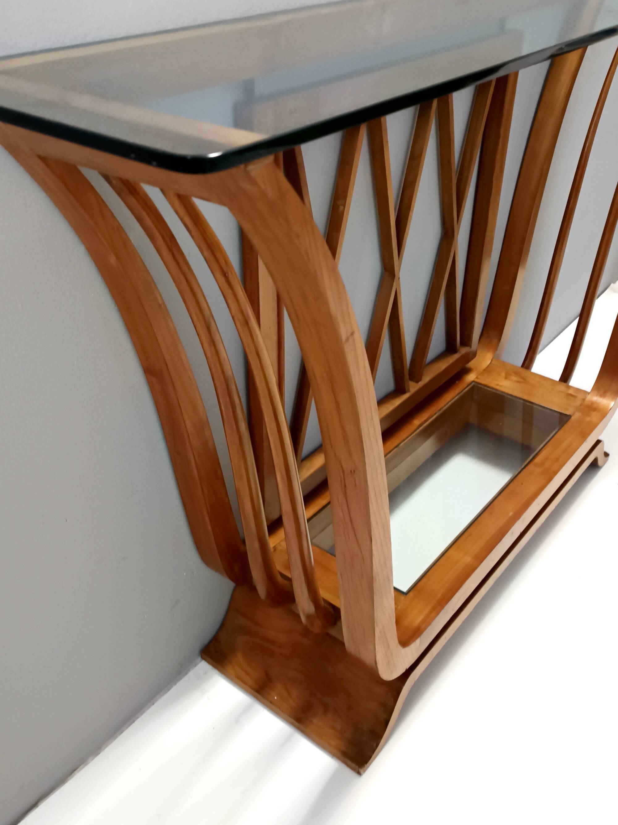Art Deco Cherrywood Console Table with a Rectangular Glass Top, Italy