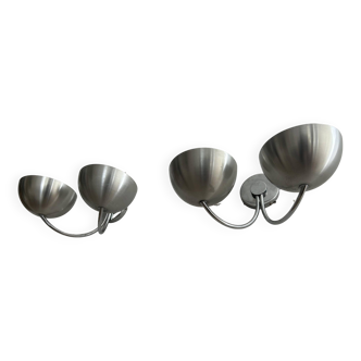 Pair of vintage double basin wall lights, brushed aluminum, France 1970
