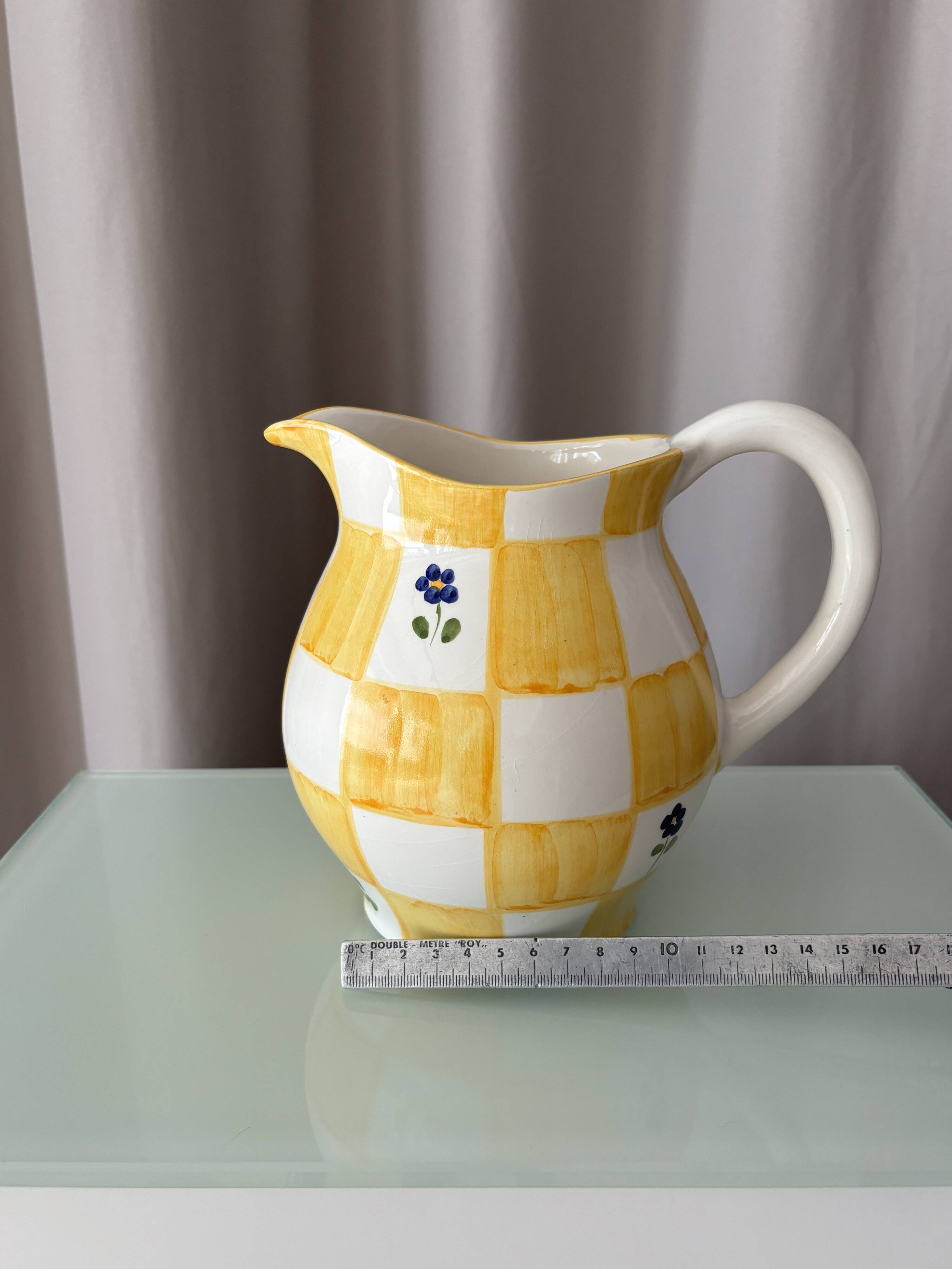Cottagecore hand-painted ceramic jug – yellow check & blue flowers