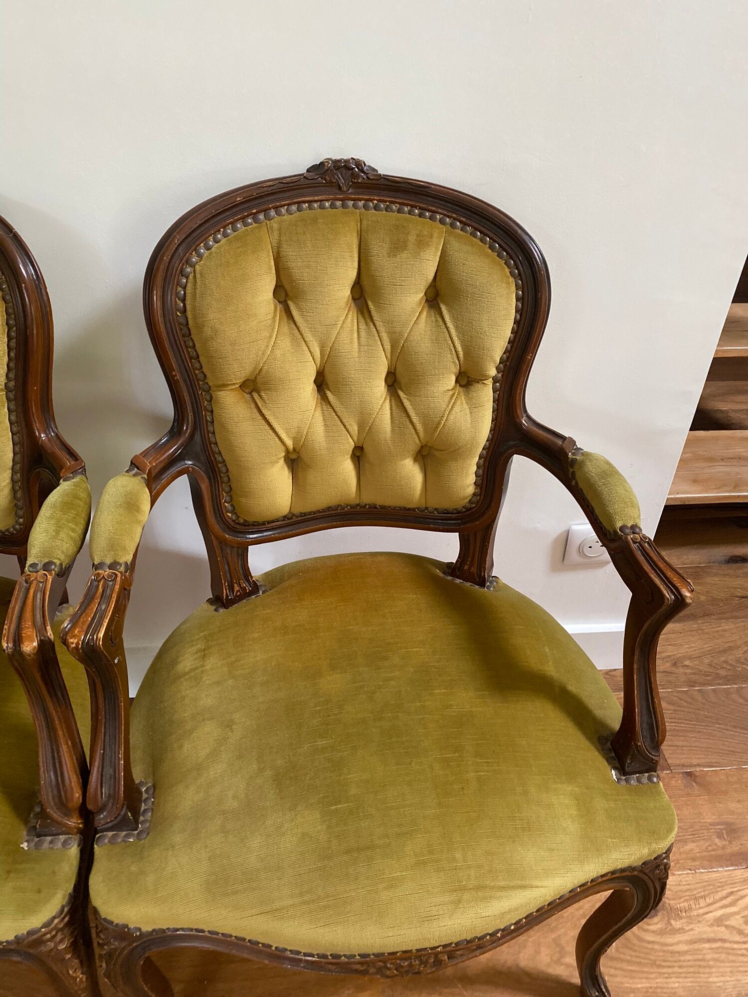 Cabriolets or Bergère armchairs Louis XV style in light green upholstered velvet