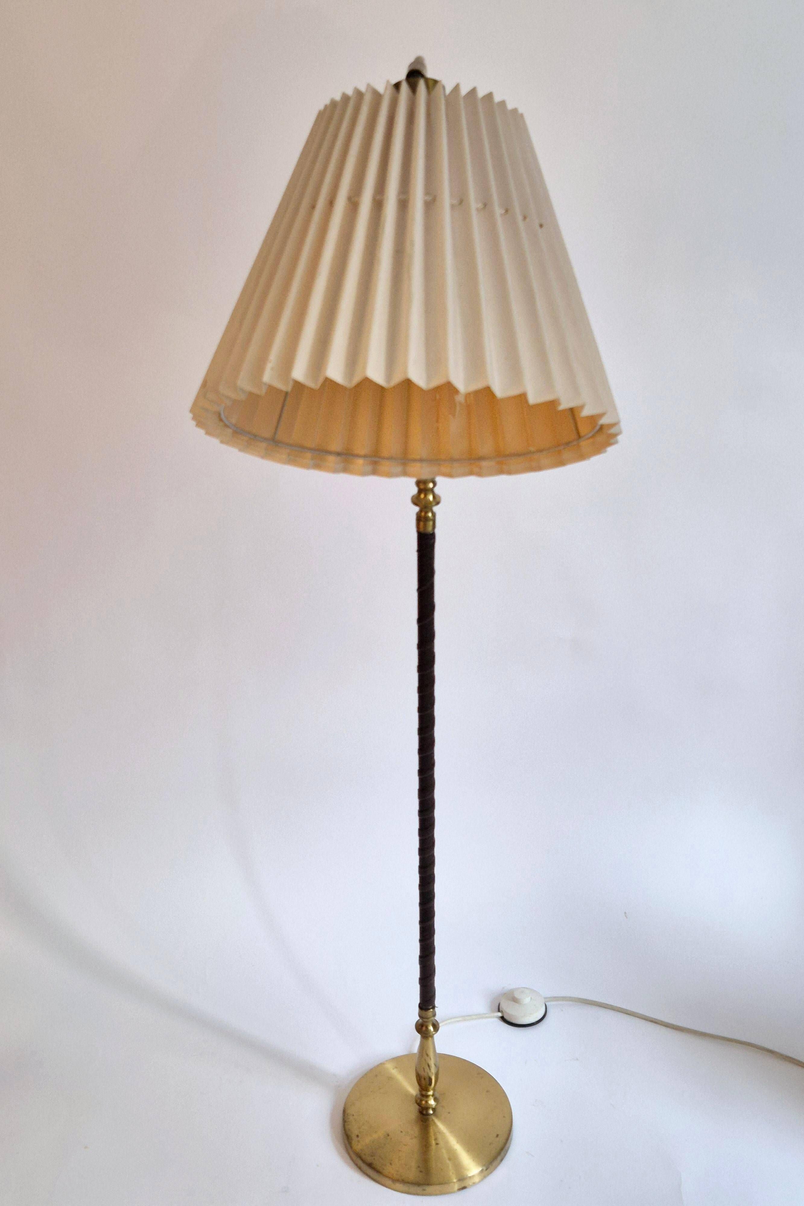Brass floor lamp with dark brown leather trim, Swedish / Scandinavian Modernity