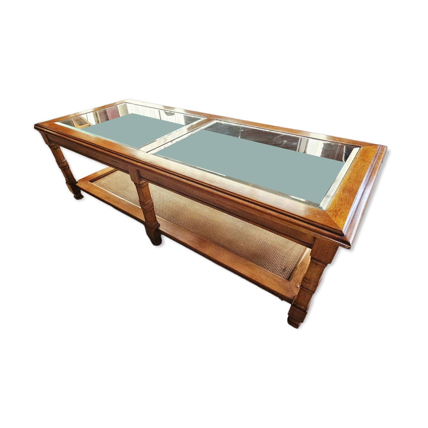 Vintage coffee table in solid wood and glass – double glass top and