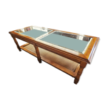 Vintage coffee table in solid wood and glass – double glass top and