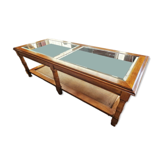 Vintage coffee table in solid wood and glass – double glass top and