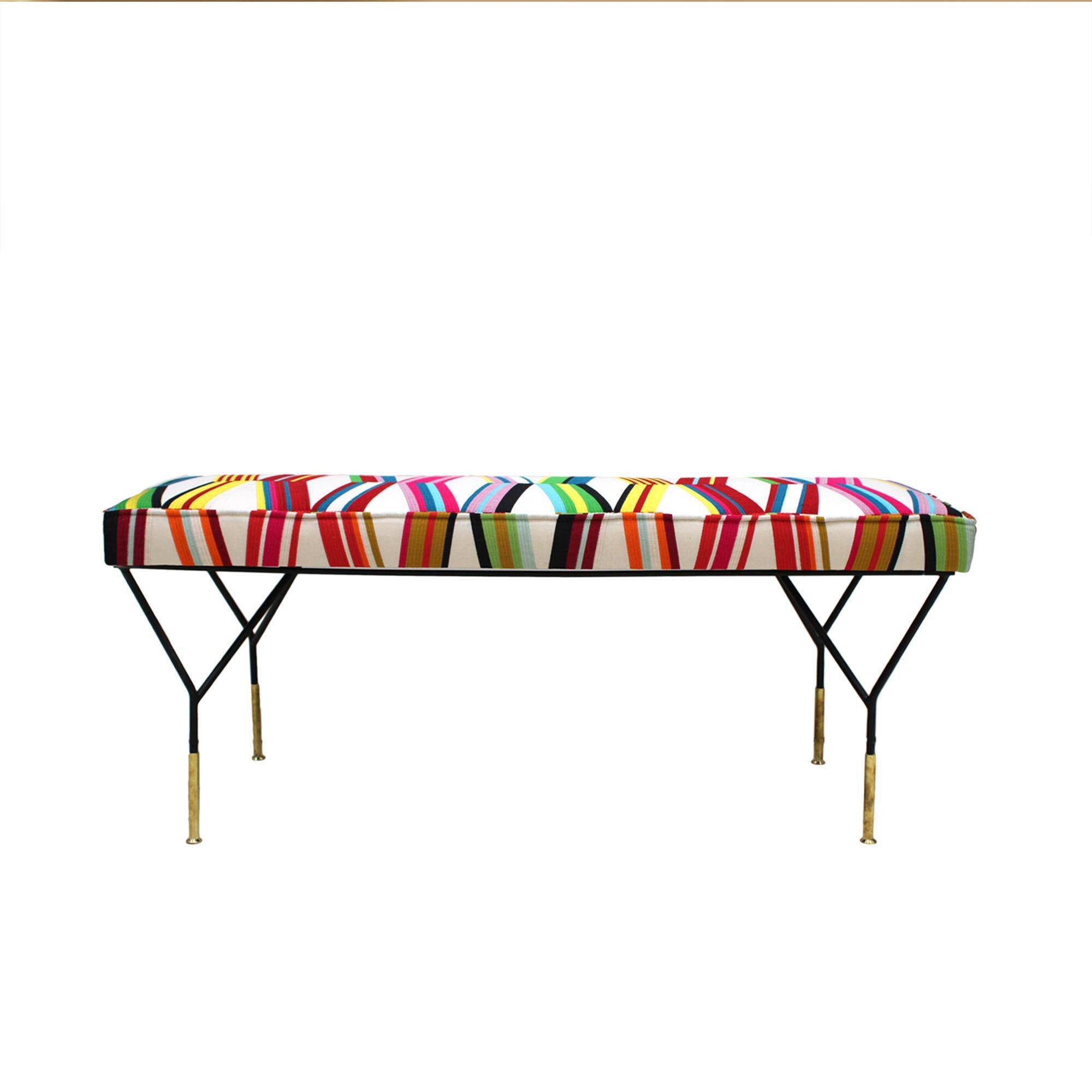Mid Century Modern Rectangular Footstool with Geometric Multicoloured Fabric