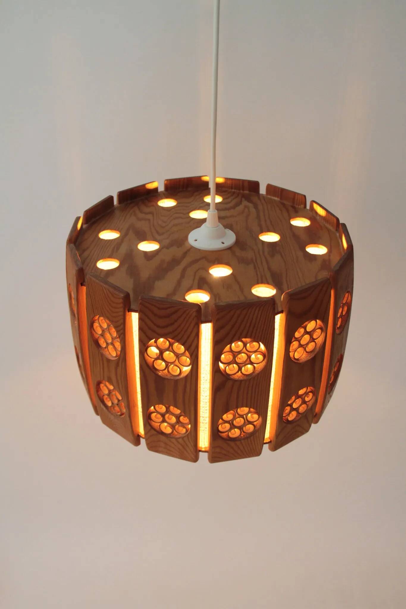Pine Pendant Lamp with Rolled Wood Curl Rosettes – Sweden, 1970s