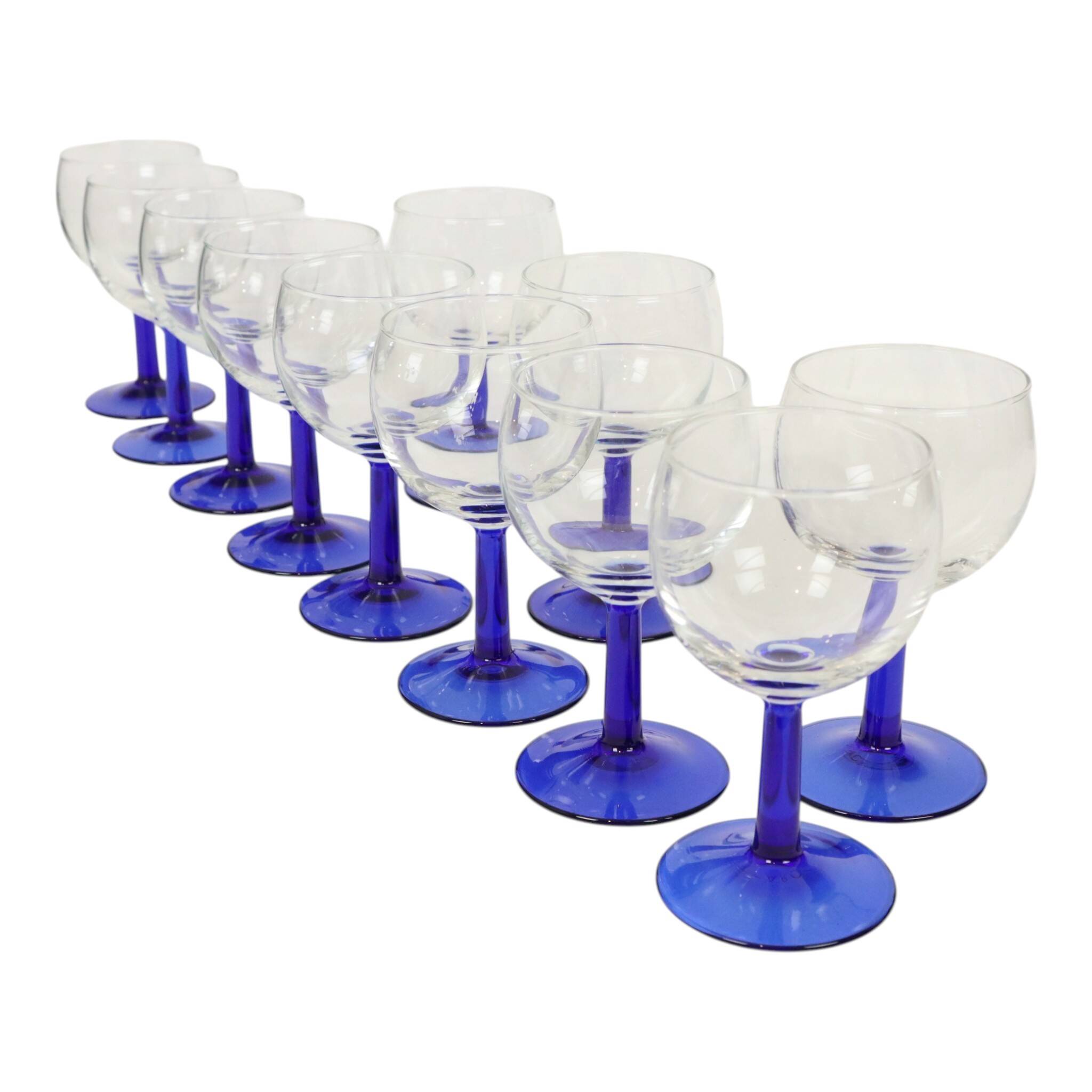 Set of Arcoroc Wine Glasses Cobalt Blue Base France 1980s