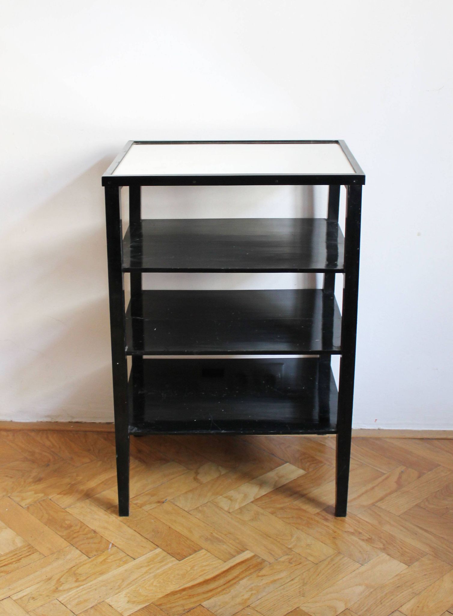 Late 1940s Czechoslovak Functionalist Étagère in Black Wood and Bevelled Gl