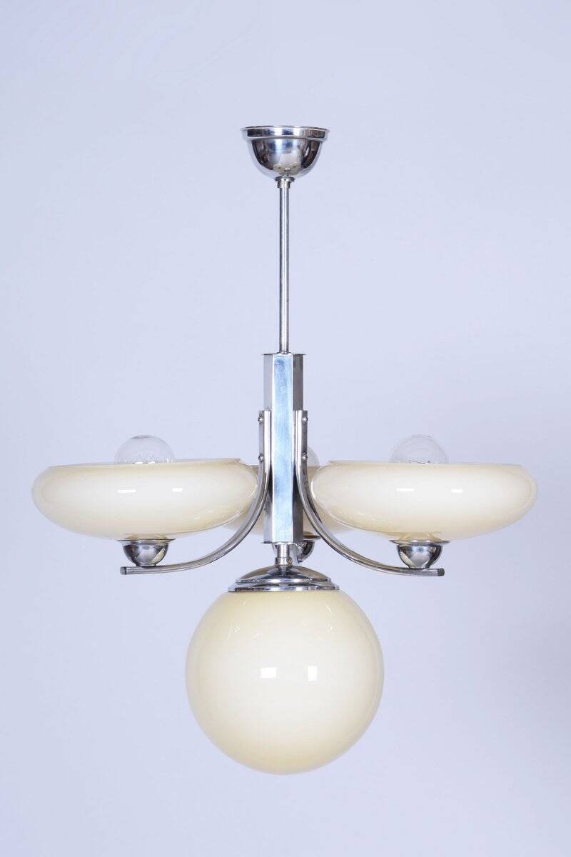 Art Deco Chandelier in Chrome-Plated Steel and Opal Glass, Czech, 1920s