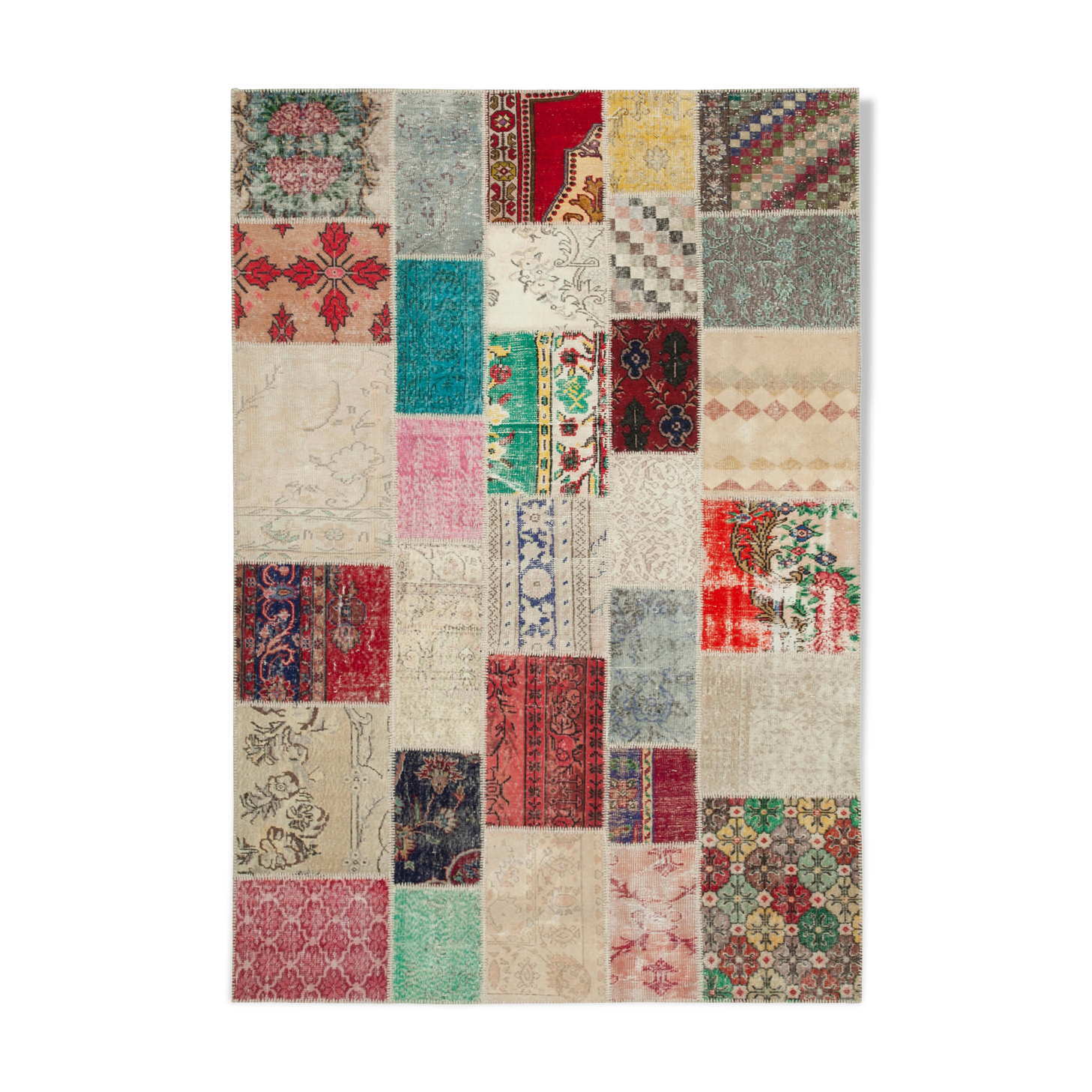 Handmade anatolian overdyed 204 cm x 296 cm multicolor patchwork carpet