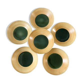 lot of 6 hollow plates ceramic caps green enamel Salins model "Capvern" years 60-70