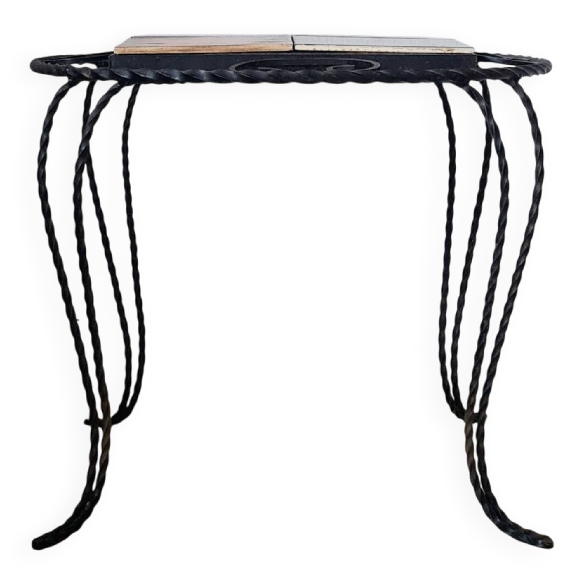Small coffee table from the 1950s in wrought iron and glazed ceramic.