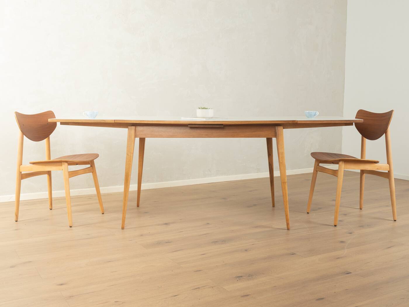 Classic extendable dining table from the 1950s, solid ash wood, new cream white Resopal top