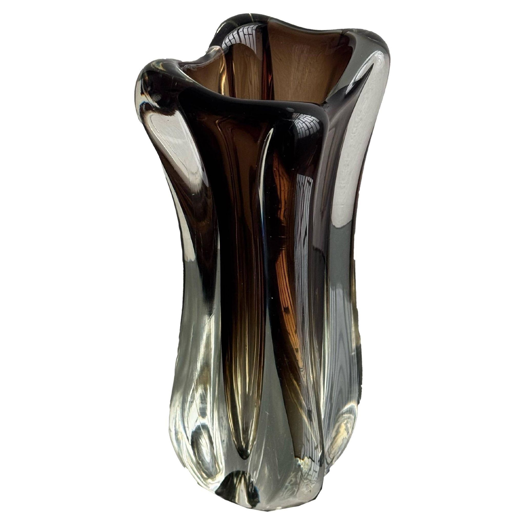 Vintage Murano-Style Art Glass Sommerso Handkerchief Vase, Amber & Clear