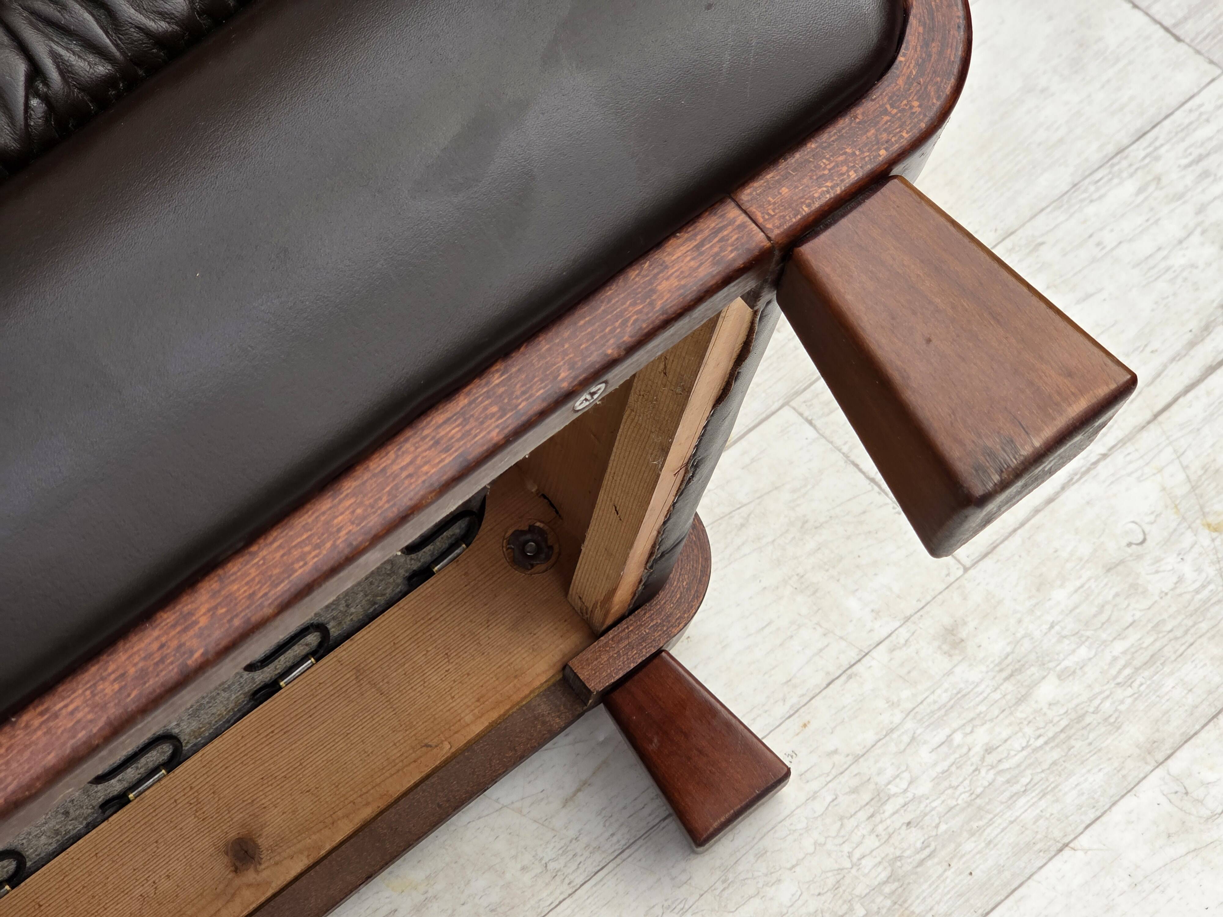 1970s, Scandinavian 3-seater sofa, furniture leather, teak wood legs.