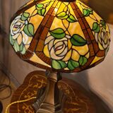 Large brass lamp, 1970, 6kg, restored electrical wiring, 67x47cm stained glass lampshade