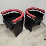Pair of 80s designer leather and chrome metal armchairs